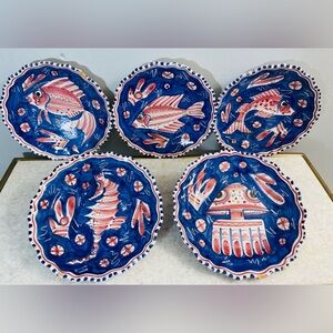 5 RARE GIORDANO VIETRI ITALY-Hand Painted Mixed Ocean Life , Salad Plates ,